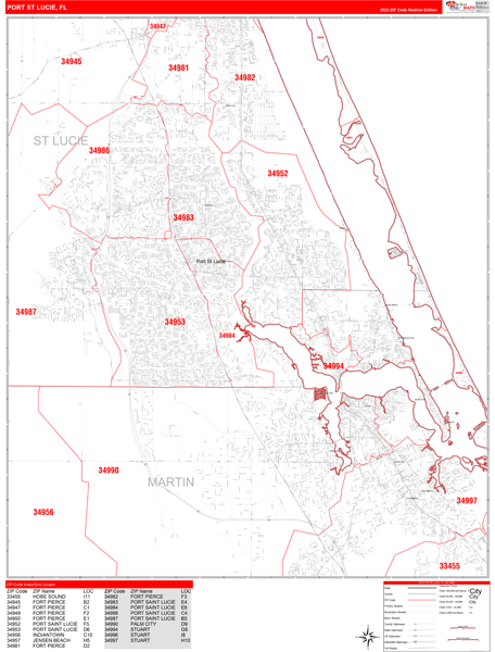 Port St. Lucie City Wall Map Red Line Style